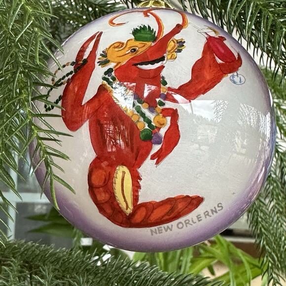 The Beach Combers Mardi Gras Gator & Crawfish Glass Painted Christmas Ornament - Picture 2 of 16